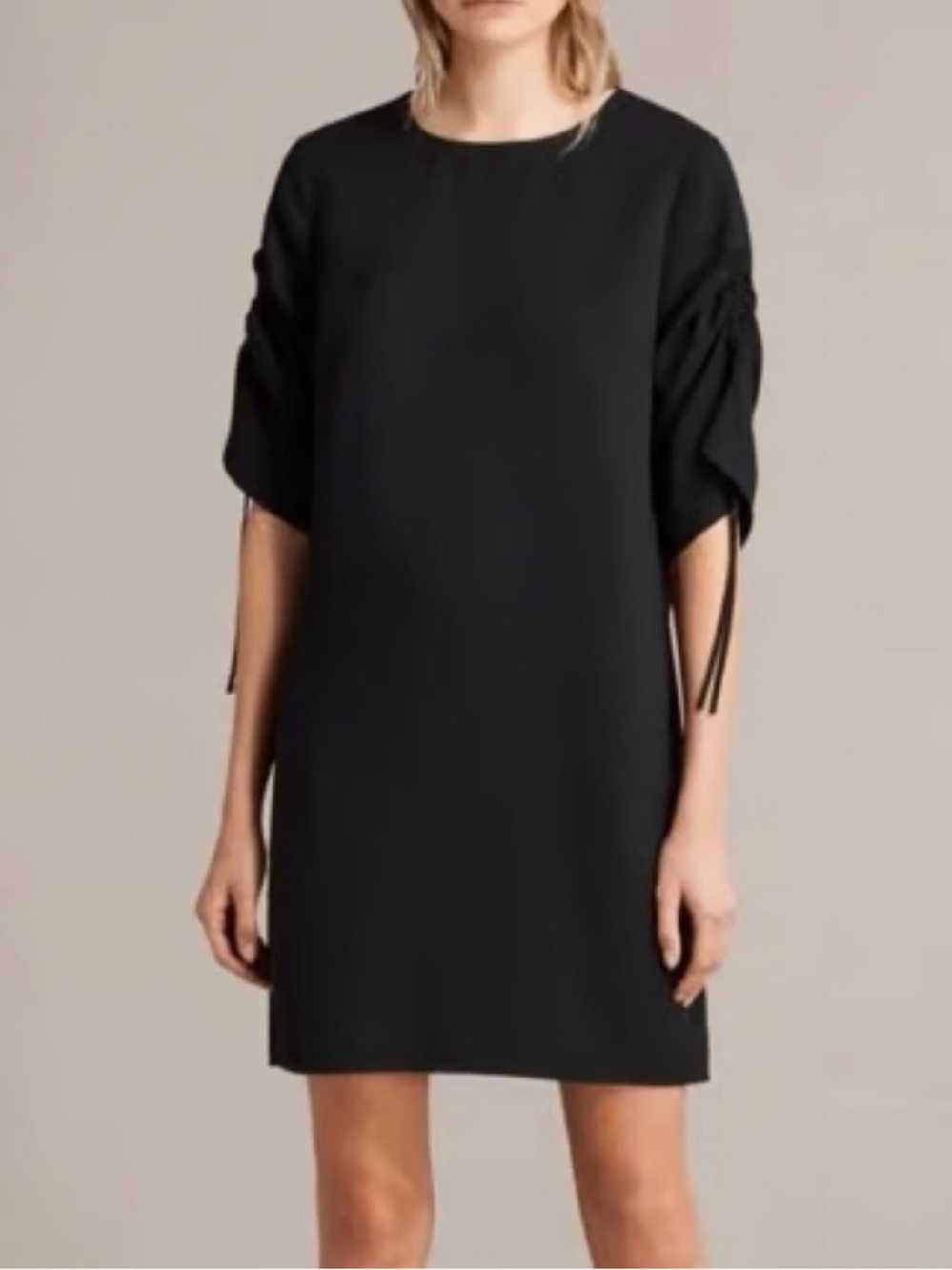 AllSaints Evie Black Mini Shift Dress with Ruched Sleeve Tie Detail, Sz S